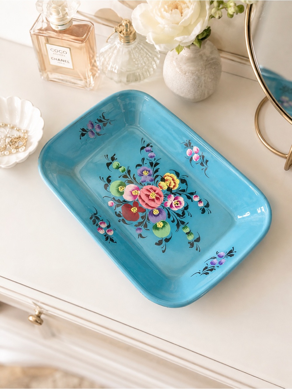 Hand-Painted Blue Floral Metal Tray